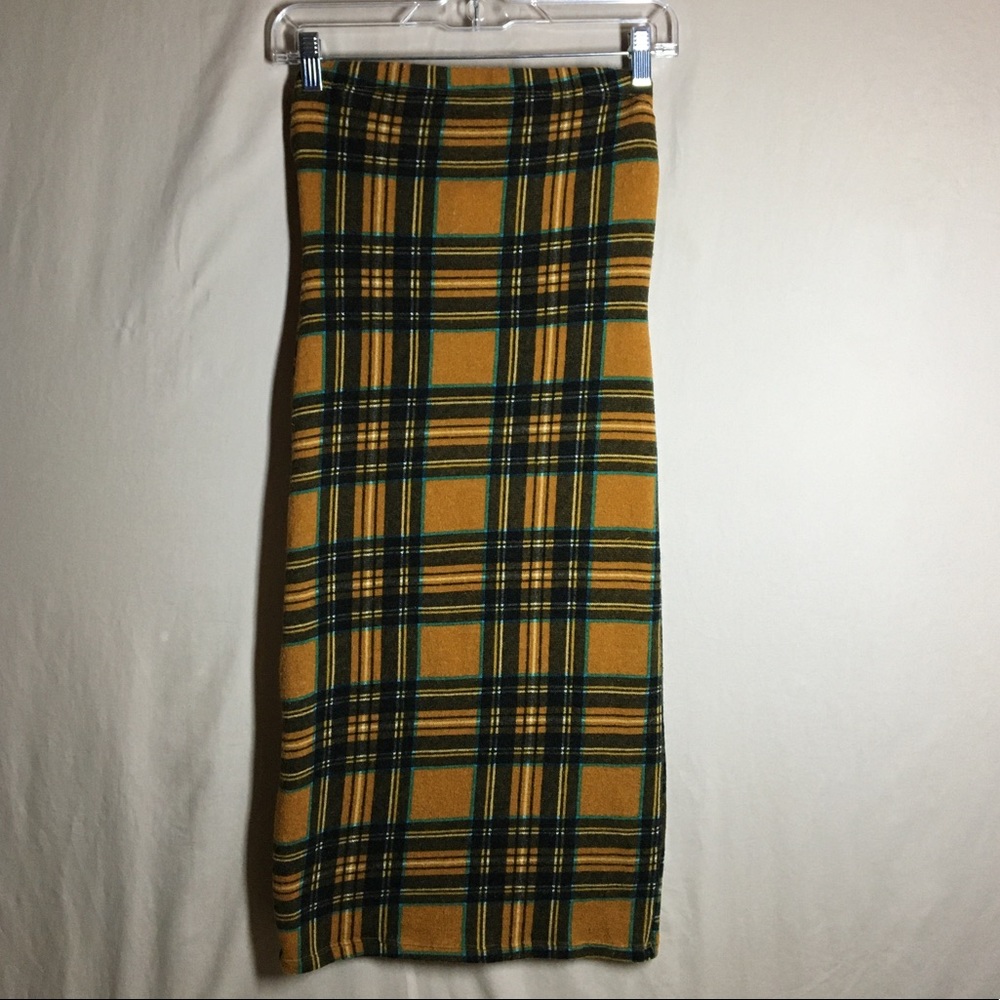 Mezzanine Strapless Yellow/Black Plaid Dress.